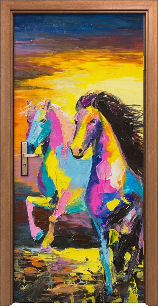 Türposter 90x200 cm Türaufkleber Türtapete Türfolie Klebefolie bunte Pferde laufen Sonnenlicht