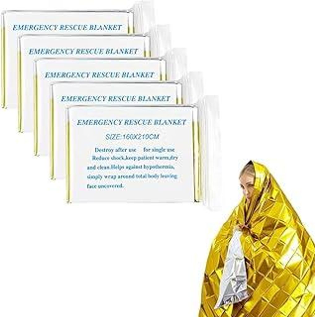 5 Stück Rettungsdecke Rettungsfolie Gold/Silber 210x160cm Auto, Erste Hilfe, Camping, Survival Kit Outdoor Wandern Überleben Skifahren