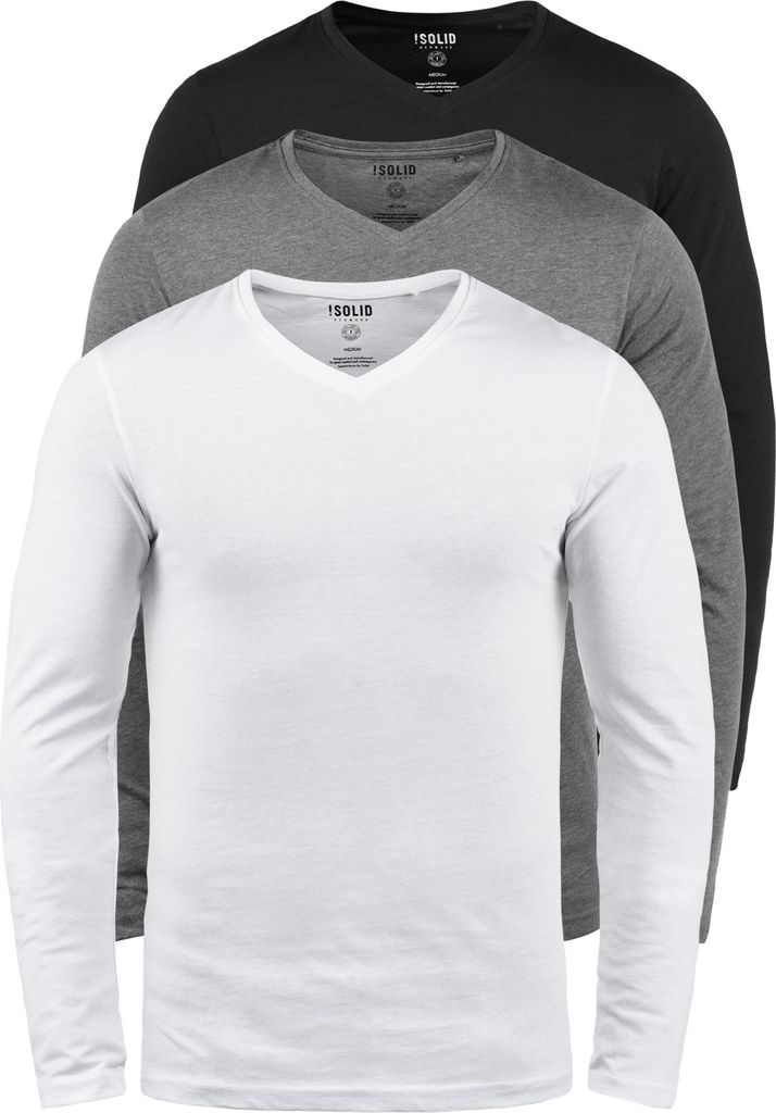 SOLID SDBasil Herren Longsleeve Langarmshirt Basic Shirt im 2er Pack oder 3 er Pack mit V- Ausschnitt 3er Pack Baumwollmischung Slim fit