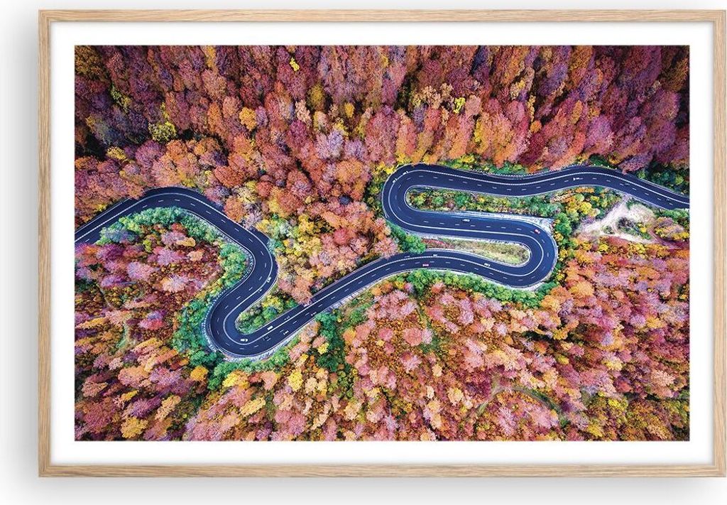 Gerahmtes Poster - Rahmen in heller Eiche - Kurvenreich Weg Wald - 91,5x61 cm - Wand Bild - Wanddeko - Wandbilder - Wandposter - Bilderrahmen - Bil...