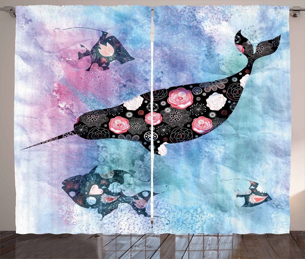 ABAKUHAUS Narwal Rustikaler Gardine, Floral Wal- und Fisch, Schlafzimmer Kräuselband Vorhang mit Schlaufen und Haken, 280 x 245 cm, Mehrfarbig
