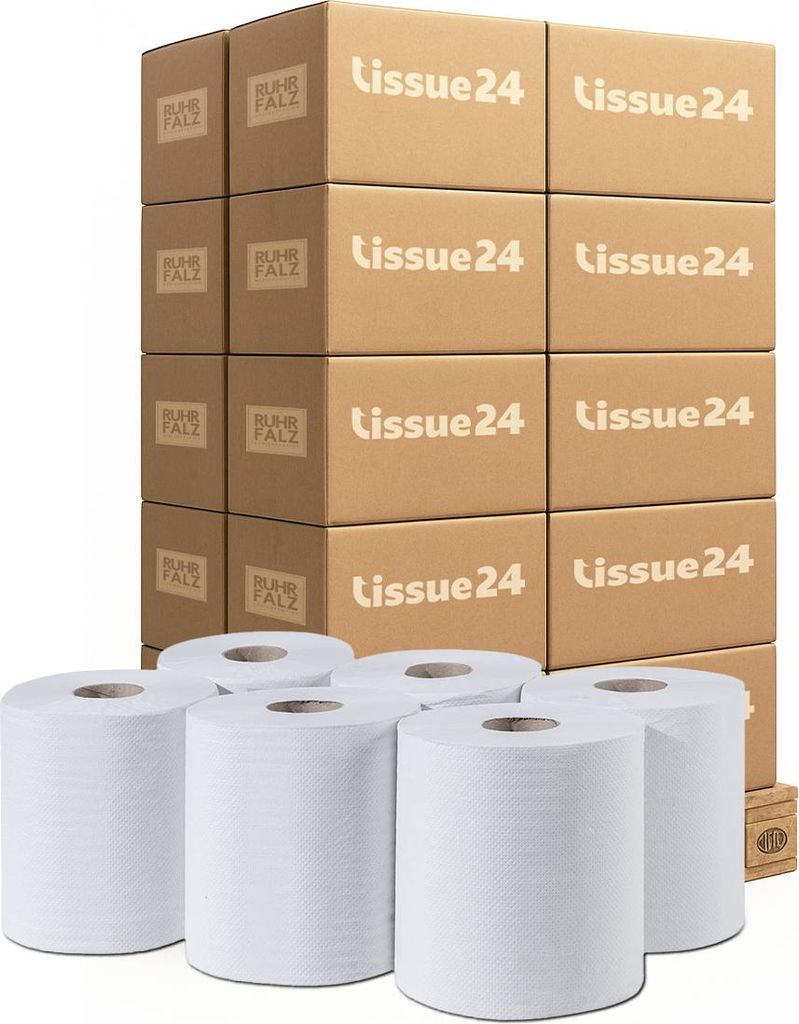 Tissue24 Handtuchrollen Innenauszug 1-lagig Recycling – 19×300 m Großrolle, 6 Rollen pro VE, 44 VE Palette, Spender-kompatibel