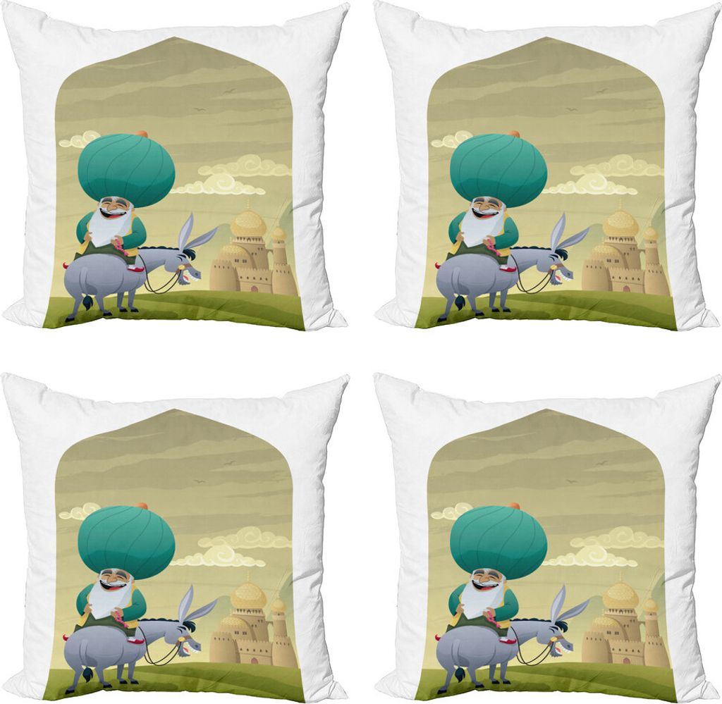 ABAKUHAUS Esel Kissenbezug Set (4 Stück), Cartoon von Nasreddin Hodja, Moderner Doppelseitiger Digitaldruck, 45 cm x 45 cm, Mehrfarbig