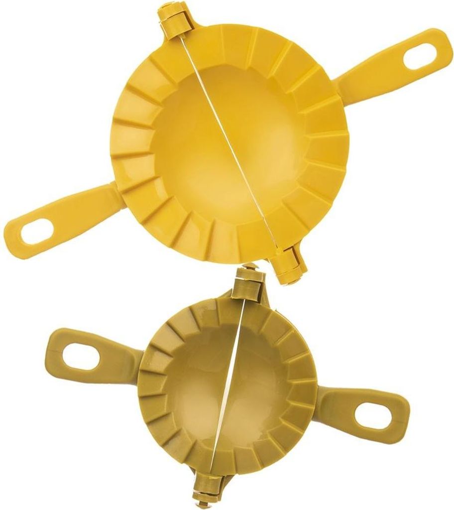 Two yellow dumpling molds are shown against a white background.