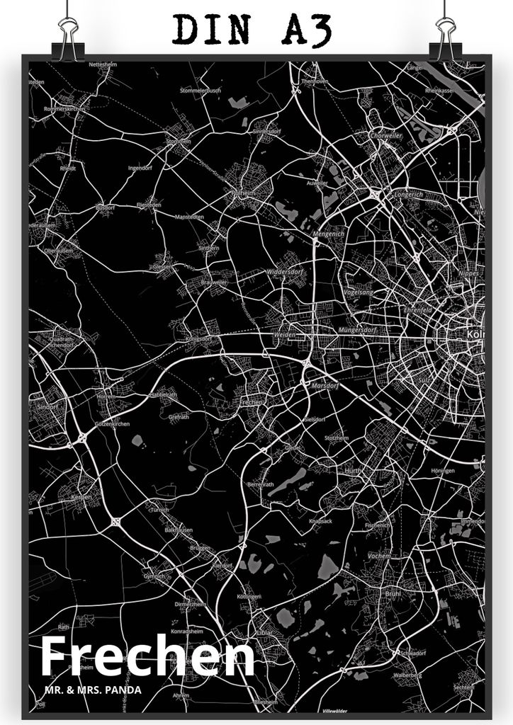 Mr. & Mrs. Panda Bild Frechen DIN A3 - Geschenk, kunstdruck poster, Wandbild, Stadt, wanddeko, drucke, Plakat, Dorf Karte Landkarte Map Stadtplan