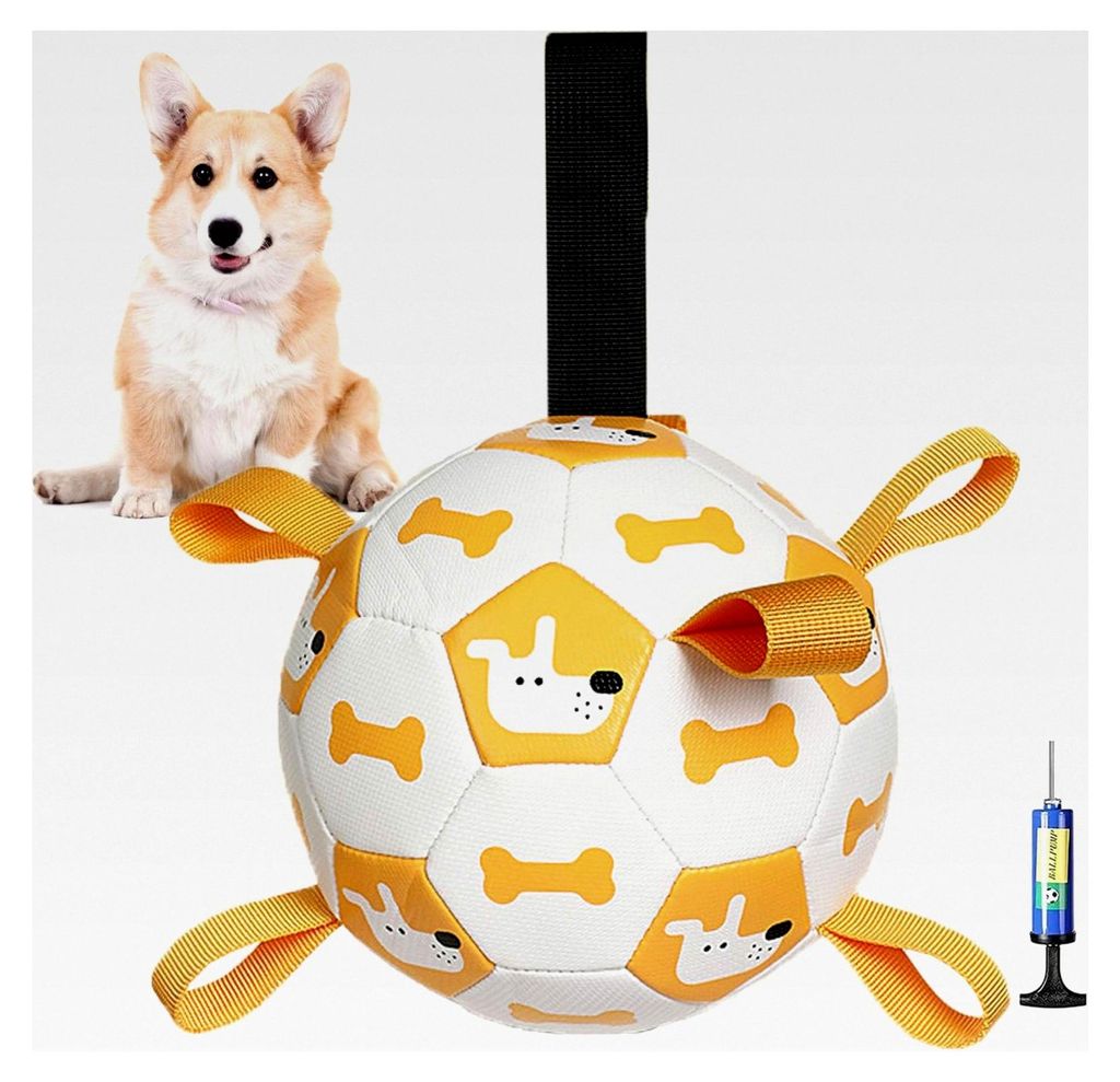 Hundespielzeug Ball, Hundefußball mit Griff und Pumpe, langlebiges Spielzeug für kleine, mittlere und große Hunde, Wasserspielzeug (Weiß, 19cm)