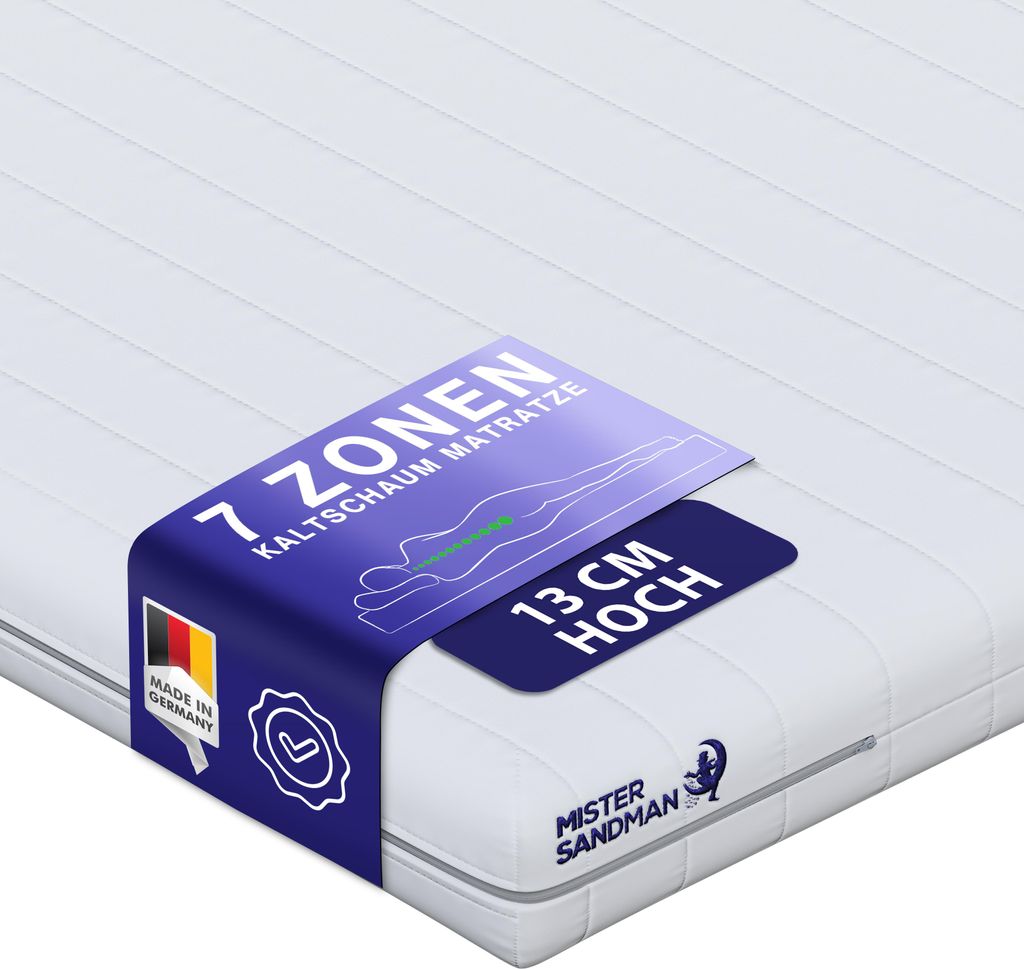 Kaltschaummatratze 90x200cm - 13cm Höhe, 7-Zonen, Härtegrad H2/H3, ergonomisch und allergikerfreundlich, waschbarer Bezug