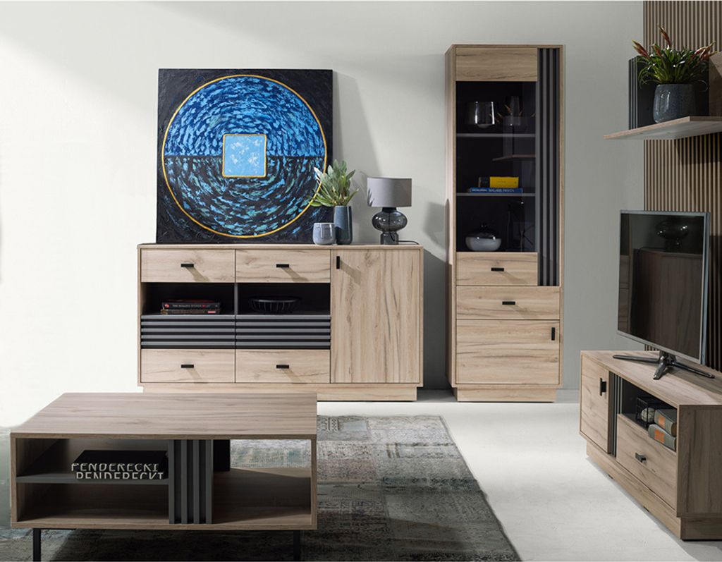 Wohnzimmermöbel-Set mit Vitrine, Sideboard & Lowboard in Eiche Nb., modern 5-teilig ANTIGUA-133