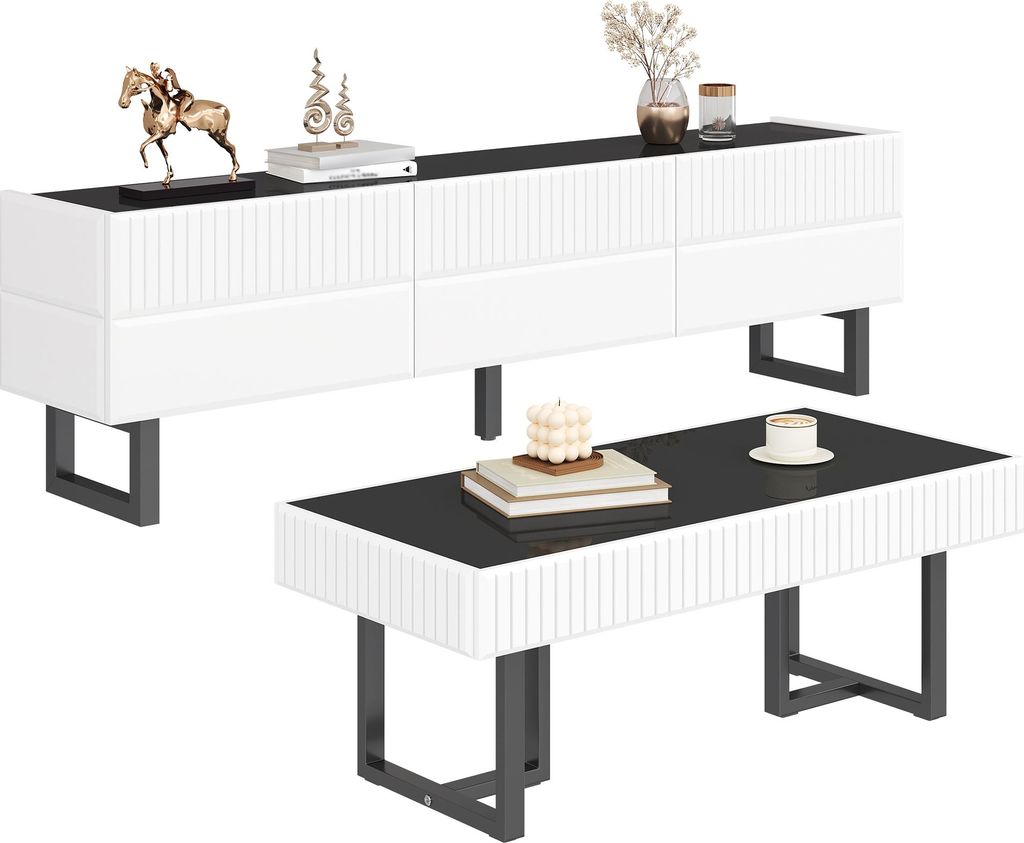 Moderne, minimalistische Couchtisch- und TV-Möbelkombination ,Aufbewahrungsmöbelset in Schwarz-Weiß-Streifen , Wohnzimmermöbel