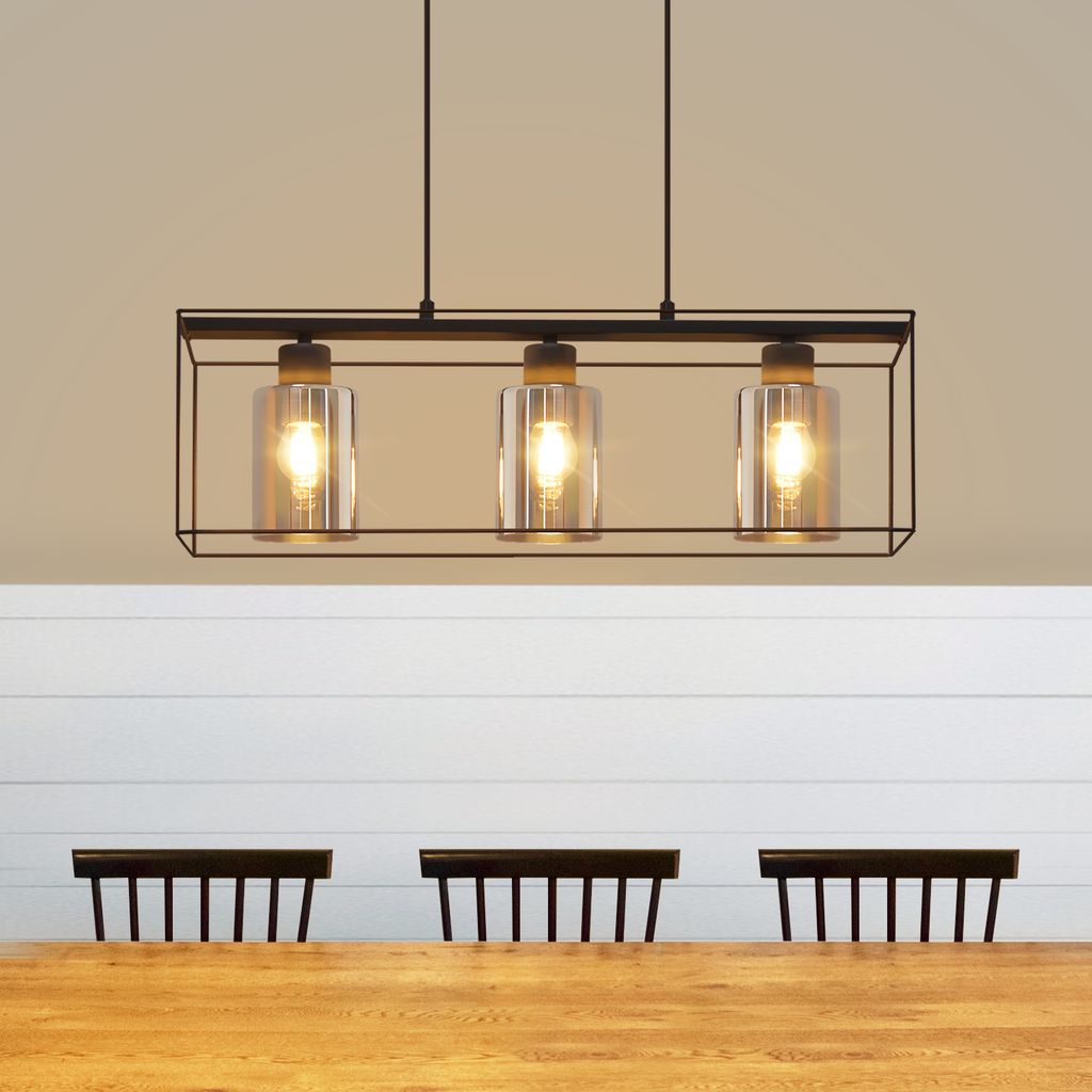 ZMH Pendelleuchte Schwarz Hängelampe 3 flammig Glas Lampenschirm Höhenverstellbar E27 Fassung Vintage Hängeleuchten Industrial Leuchten für Woh...