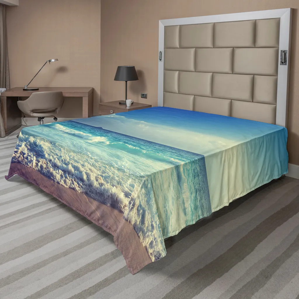 Drap de lit doux turquoise en microfibre, motif Île et Plage, 275cm