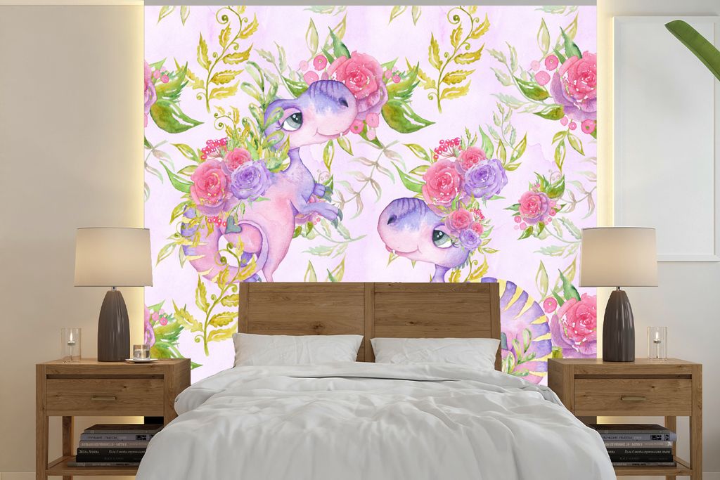 MuchoWow Fototapete für Wohnzimmer oder Schlafzimmer Wandtapete Vinyl Motivtapete Kinderzimmer - Lila - Dinosaurier - Mädchen - Kinder - Rosa -...