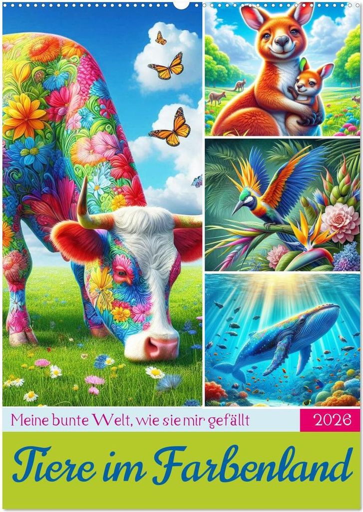 Tiere im Farbenland - Meine bunte Welt, wie sie mir gefällt (Wandkalender 2026 DIN A2 hoch), CALVENDO Monatskalender