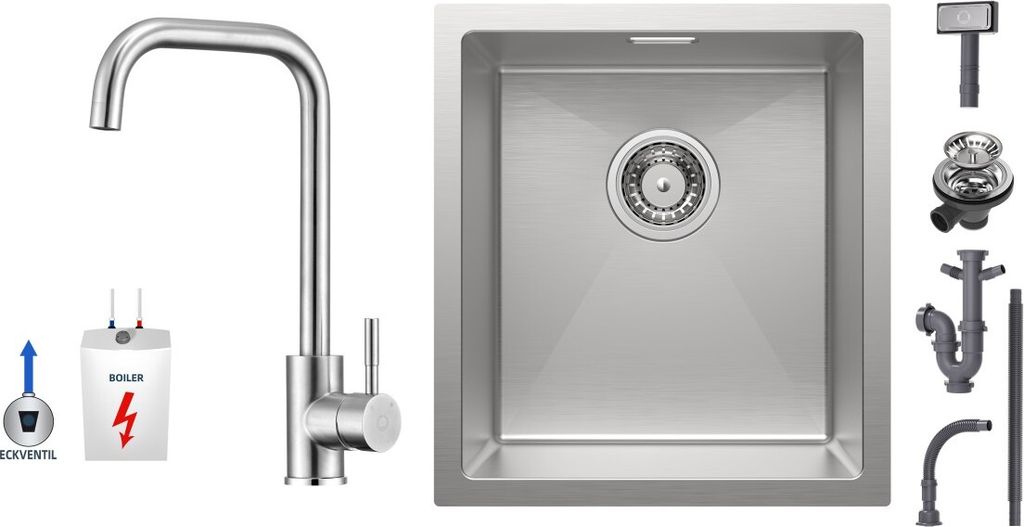 CECIPA Küchenspüle Einbauspüle 40 x 44 cm Edelstahlspüle Gebürstete + Gebürstete Niederdruck-Küchenarmatur, geeignet für Boiler