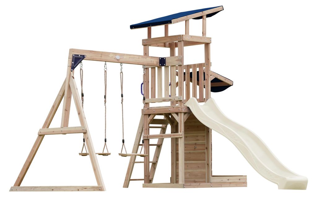 AXI Malik Spielturm aus Holz mit 2 Schaukeln | XXL Spielhaus / Spielplatz für Kinder mit Sandkasten, Spielwand & Rutsche in Creme | Schaukelgerüs...