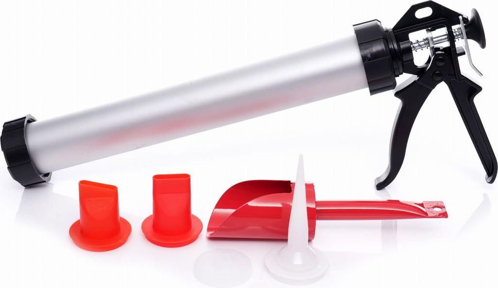 A set of caulking tools including a caulking gun, two red nozzles, and a red applicator with a white tip, all arranged on a white background.