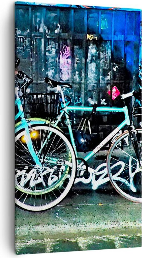 Bild auf Leinwand - Leinwandbild - Fahrräder Graffiti Straße Wand - 45x80cm - Wand Bild - Wanddeko - Leinwanddruck - Bilder - Kunstdruck - Wandde...