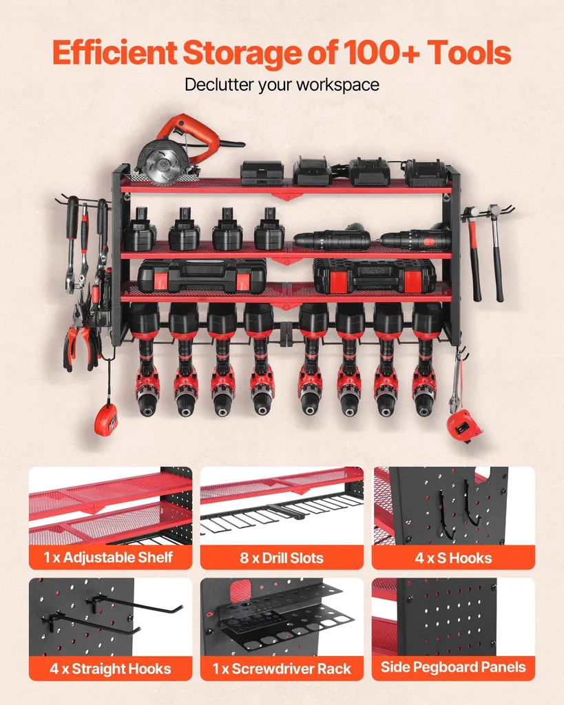 Support d'outils mural avec 8 emplacements de rangement pour visseuse