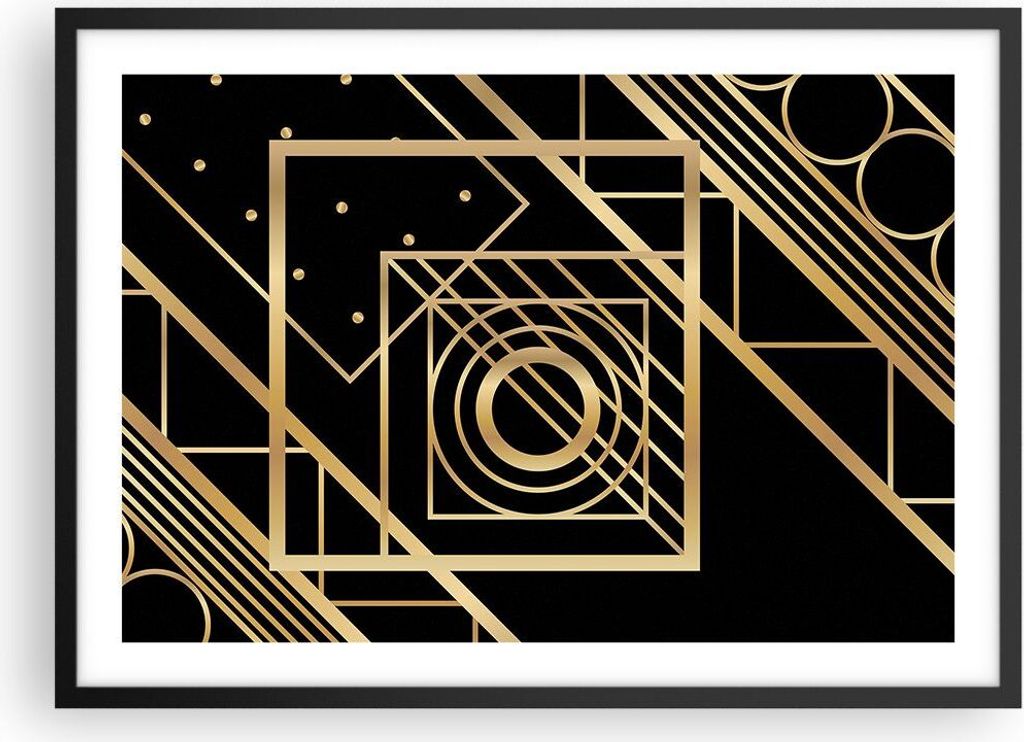 Gerahmtes Poster - Schwarzer Rahmen - Abstraktion Quadrat Gold - 70x50 cm - Wand Bild - Wanddeko - Wandbilder - Kunstposter - Wandposter - Bilderra...
