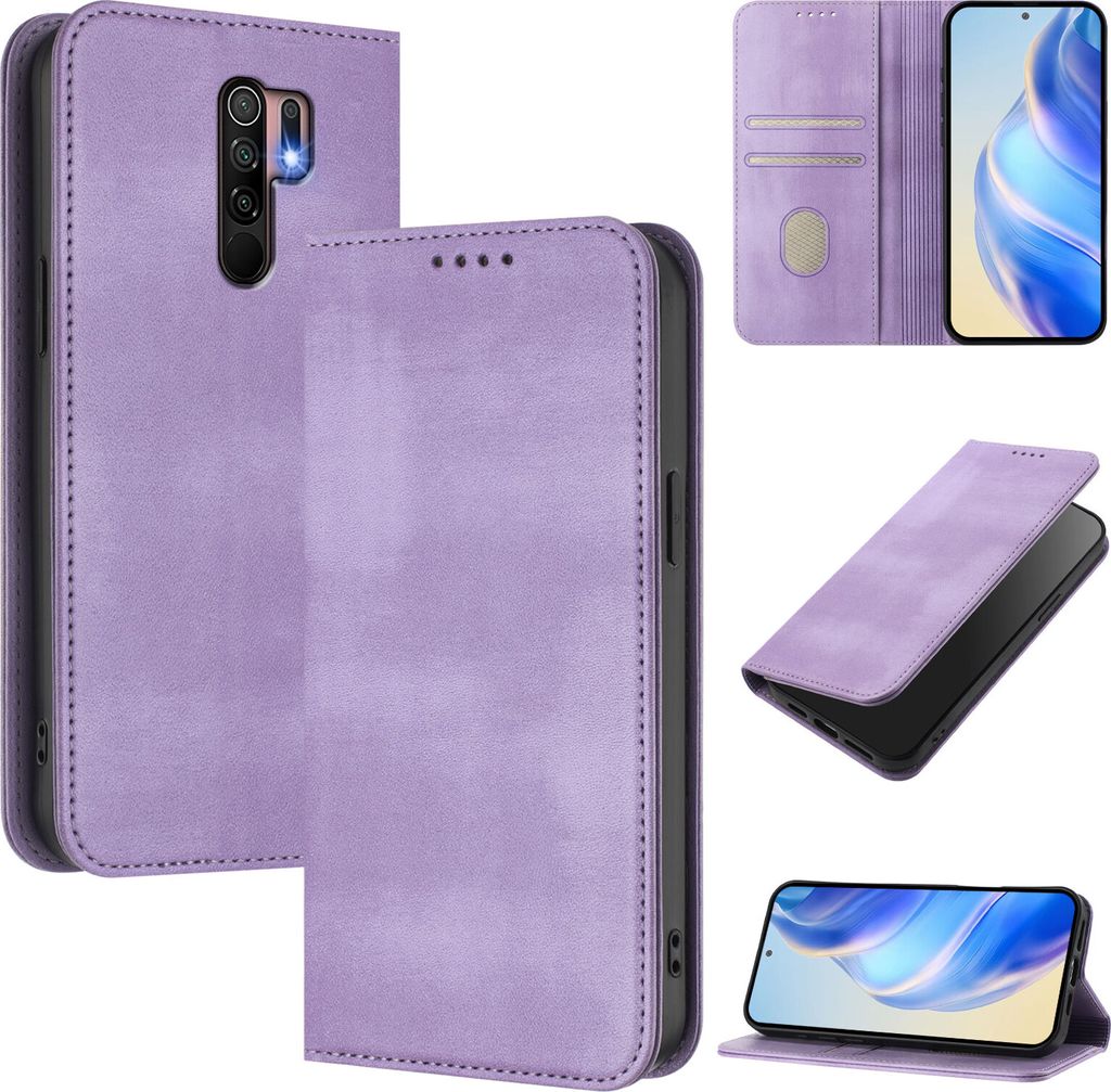 Handyhülle für Xiaomi Poco M2/Poco M1/Redmi 9, Vintage Leder RFID Schutz Kartenfach Standfunktion Magnetische Klapphülle Violett