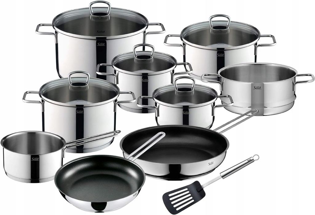 A collection of stainless steel cookware and kitchen utensils arranged on a white background.