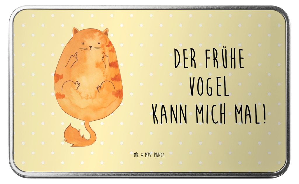 Mr. & Mrs. Panda Teedose Katze Frühaufsteher - Gelb Pastell - Geschenk, Blechdose, Dose, Keksdose, Metallbox, Genervt, Geschenkartikel, Verschlafe...