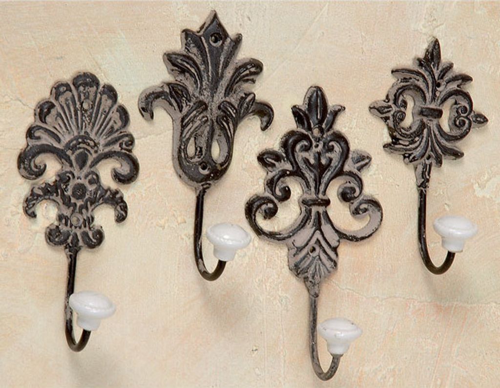 Garderobenhaken 4er Set Vintage - Wandhaken im Antik-Look mit weißem Knauf