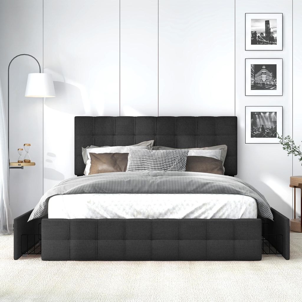 Polsterbett mit 4 Schubladen, Doppelbett mit Lattenrost, Stauraum Bett, höhenverstellbares Kopfteil, Metalllattenstütze (140*200 cm, Schwarz)