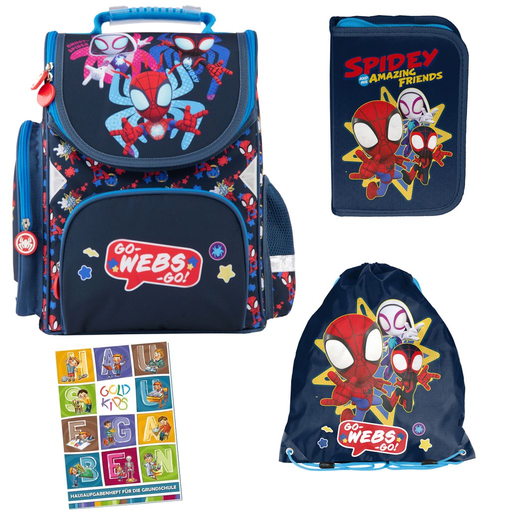 Schulranzen für Jungen und Mädchen, 4er-Set - Schul-Rucksack für Kinder mit Federmäppchen - Schuhbeutel - Marvel Spiderman Motiv - 1-3 Klasse
