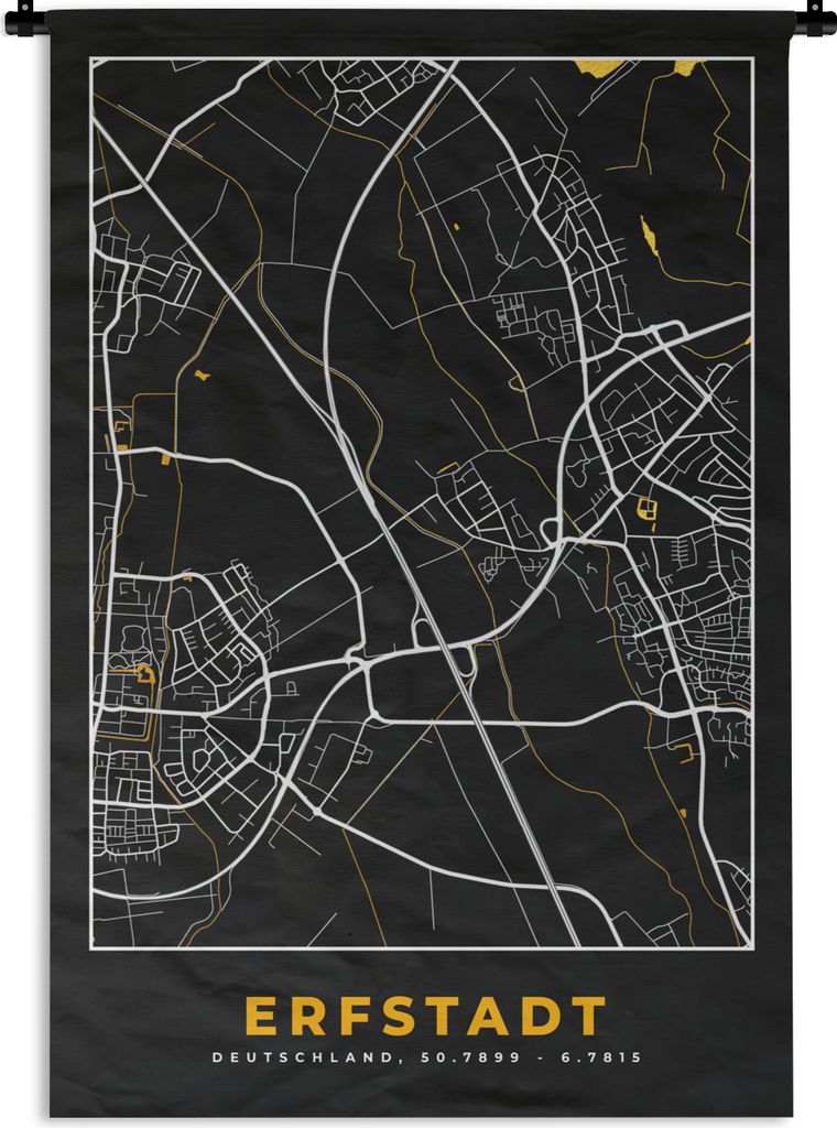 MuchoWow Wandteppich Wandbehang Stadtplan - Deutschland - Gold - Erfstadt - Karte 60x90 cm Tapisserie Dekoration Wandtuch - Foto-Teppich - Abwasc...