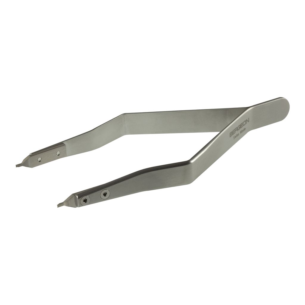 A pair of metal tweezers on a white background.