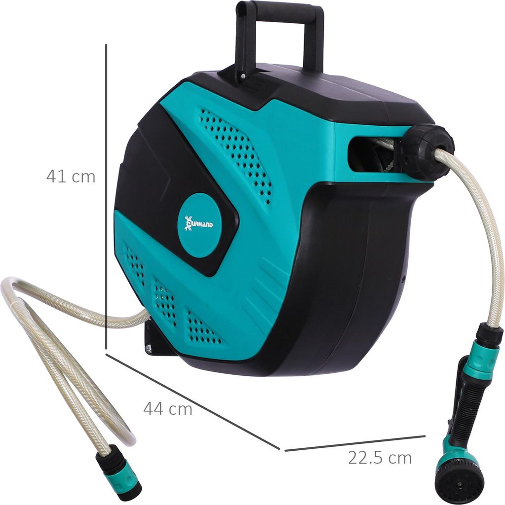 15-Meter-Gartenschlauchaufroller – Wandmontage, automatischer Aufroller mit 7 Sprühmustern – inklusive Wandhalterung – blau