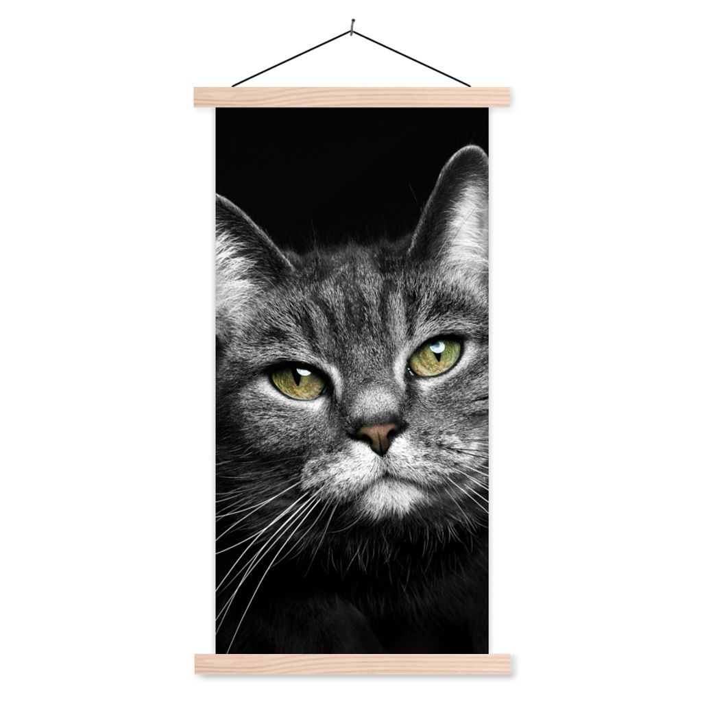 MuchoWow Textilposter Haustiere - Katze - Tiere - Schwarz - Weiß 40x80 cm mit holzfarbenen Rahmen - Wohnzimmer