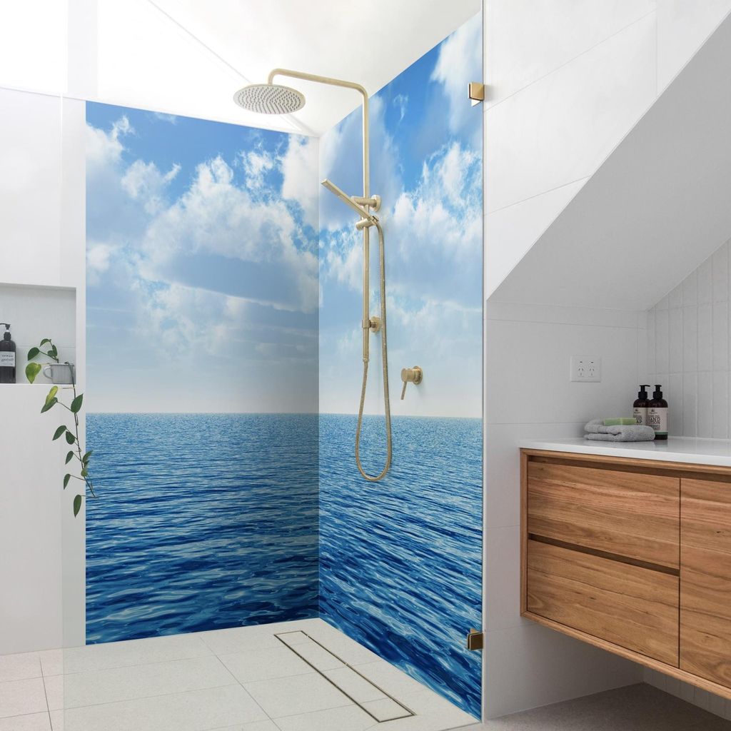 Duschrückwand Strand selbstklebend - 0.61 mm Wandpaneel wasserfest Meerblick blau Maritim Badrückwand fugenlos Premium matt 90x200 cm