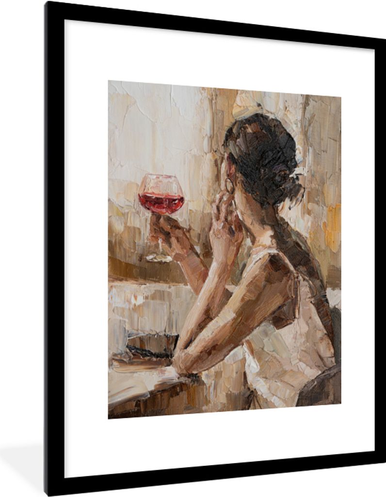 MuchoWow Gerahmtes Poster Gemälde - Ölfarbe - Frau - Wein 60x80 cm - Poster mit Schwarzem Bilderrahmen Wandposter Rahmen Foto Bilder - Wohnzimm...
