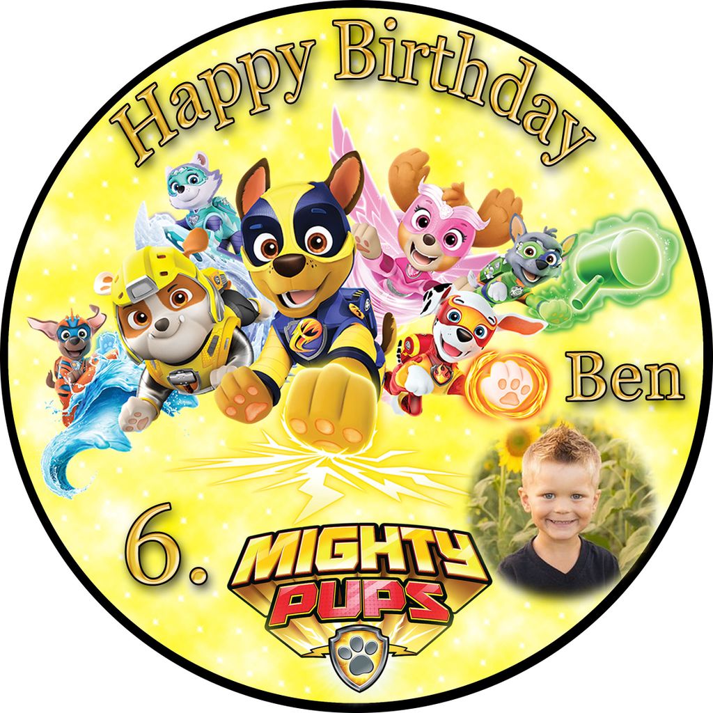 Tortenaufleger Fototorte Tortenbild Kindergeburtstag Paw Patrol Mighty Pups PP04 (Zuckerpapier) Rund 20 cm Ø mit Foto Gelb