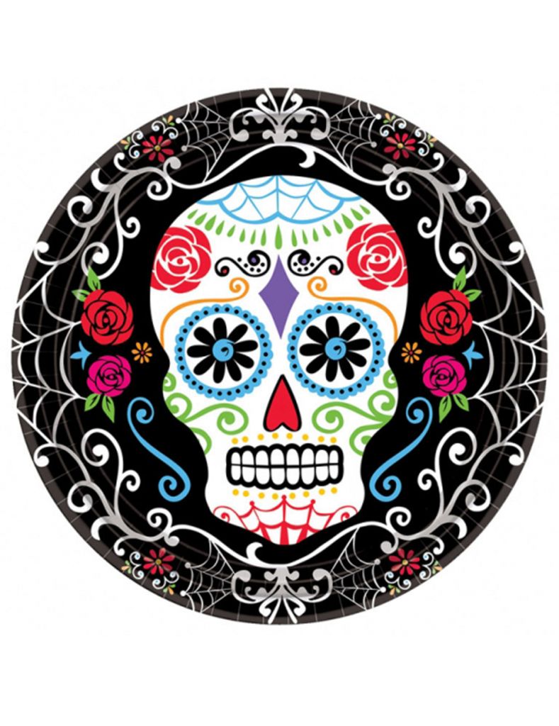 Sugar-Skull-Teller Tag der Toten Tischdeko 10 Stück schwarz-bunt 23cm