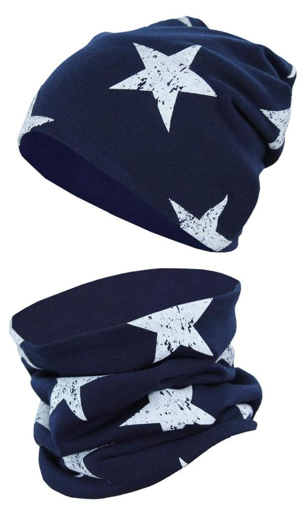 TupTam Uni Kinder Beanie Mütze Schlauchschal Set, Farbe: Sterne Weiß / Dunkelblau, Größe: 50-52