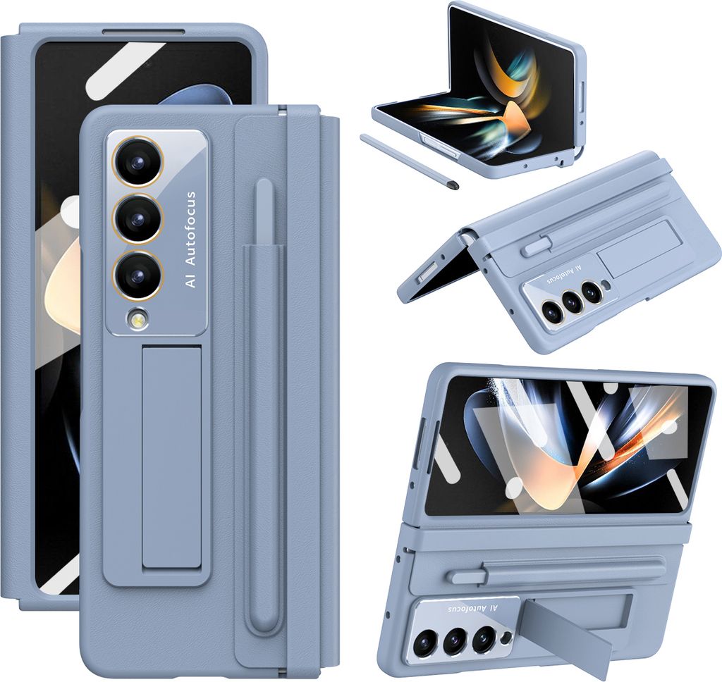 Schutzhülle für Samsung Galaxy Z Fold4 5G Ledertaschen mit Lederscharnier, Displayschutz, Ständer und Stifthalter Blau