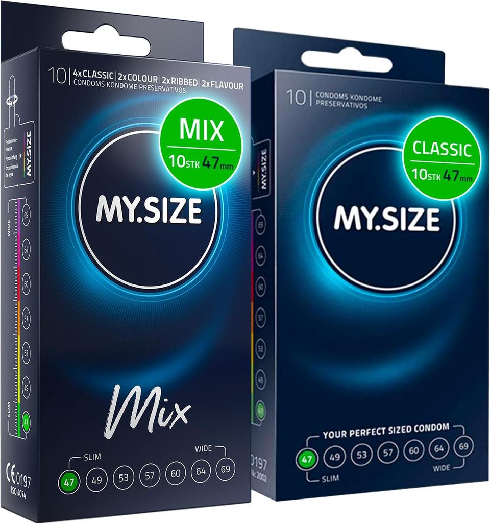 My.Size Mix Kondome Größe 1, 47 mm, Vorteilspackung, | 20 Stück | Condome in 4 aufregenDen Sorten, mit Aroma, Farbe, Genoppt & Classic