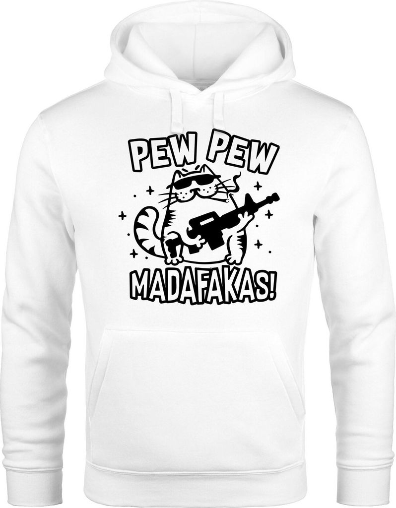 Hoodie Herren Pew Pew Madafakas Katze Gangster Cat Meme Spruch Trend Kapuzen-Pullover Moonworks weiß XS