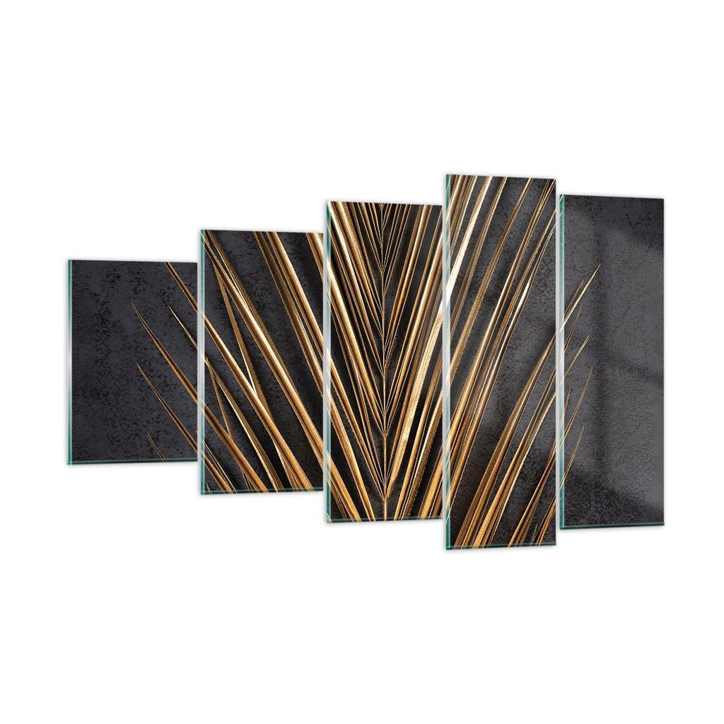 Bilder auf glas - 5 Teile - Blatt golden schwarz - 100x60cm - Glasbilder - Wandbilder - Bilder - zum Aufhängen bereit - Wanddekoration aus Glas - ...