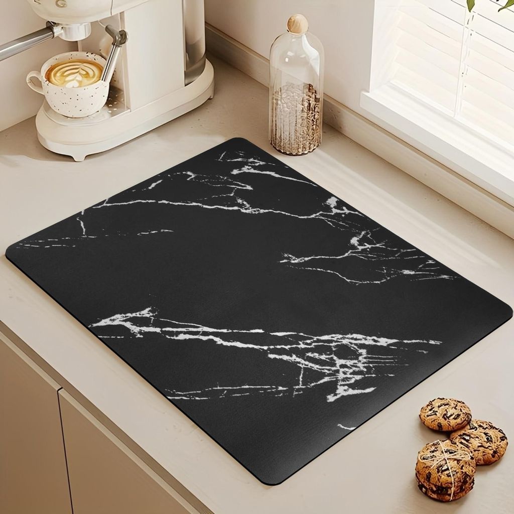 Kaffeematte mit verdeckter Gummirückseite, 50 x 40 cm, rutschfest, Marmoroptik, schwarz, spülmaschinenfest, für Küchenarbeitsplatten und Kaffee...
