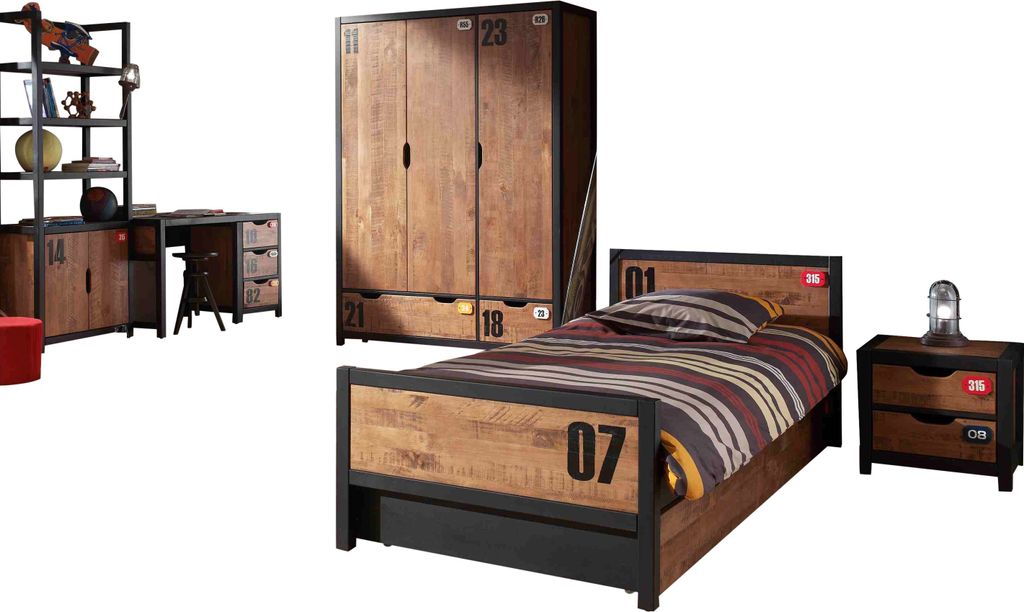 Die Kombination ALEX besteht aus einem Bett 90x200cm, einem Nachttisch, einem Rollbett, einem Schreibtisch, einem Kleiderschrank mit 3 Türen und e...