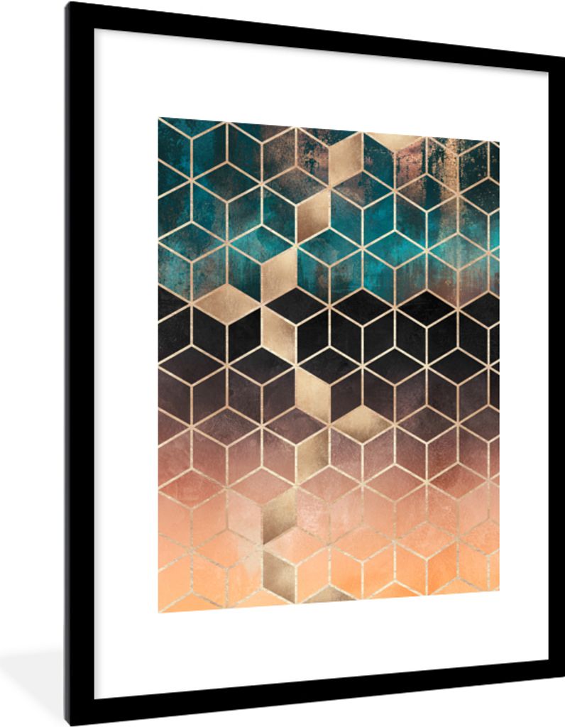 MuchoWow Gerahmtes Poster Abstrakt - Würfel - Gold - Muster - Luxus 60x80 cm - Poster mit Schwarzem Bilderrahmen Wandposter Rahmen Foto Bilder -...