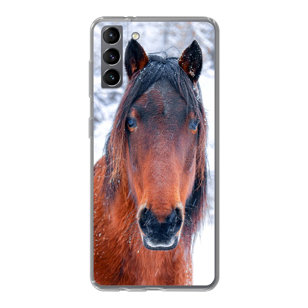 MuchoWow Handyhülle Schutzhülle Hülle für Samsung Galaxy S21 Plus Pferd - Winter - Schneeflocke Silikon Softcase Handy Hülle - Handy-Tasche