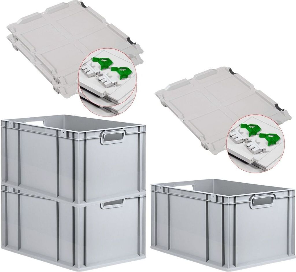SuperSparSet 3x Eurobox NextGen Economy mit Scharnierdeckel und grünen Schiebeschnappverschlüssen | Griffe offen | HxBxT 32x40x60cm | 65 Liter | ...