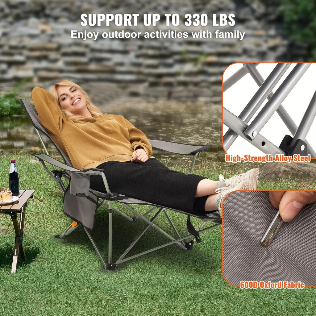 Chaise de camping robuste 150 kg avec appui-tête et poche de rangement