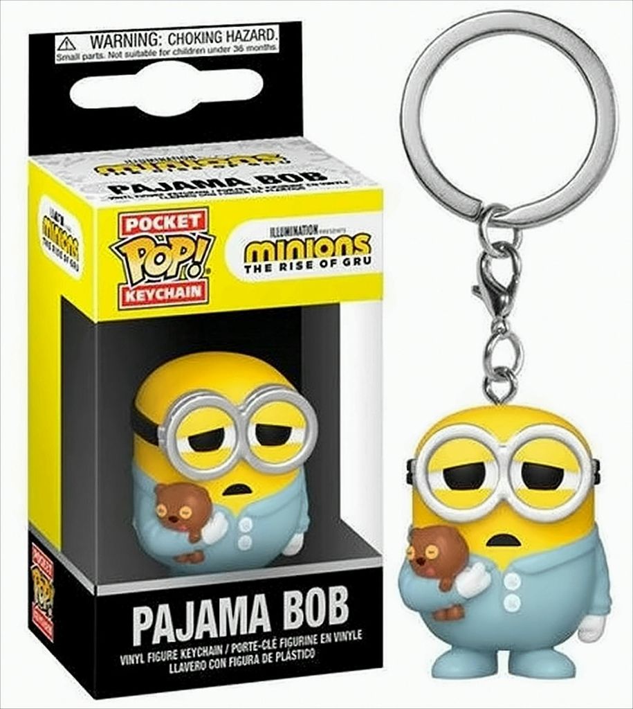 A Funko Pocket Pop! Keychain of Pajama Bob from Minions: The Rise of Gru, shown in its packaging and also outside of it.