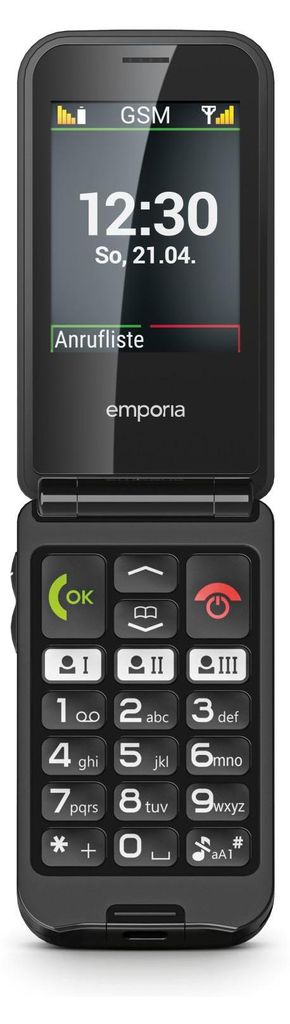 A flip phone is shown in an upright position, open, with its screen and keypad visible.